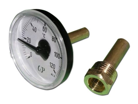 Bimetall Thermometer 1/2"x40mm Ø63mm 0-120 °C mit Tauchhülse / hinten Bimetall Thermometer 1/2"x40mm Ø63mm 0-120 °C mit Tauchhülse / hinten